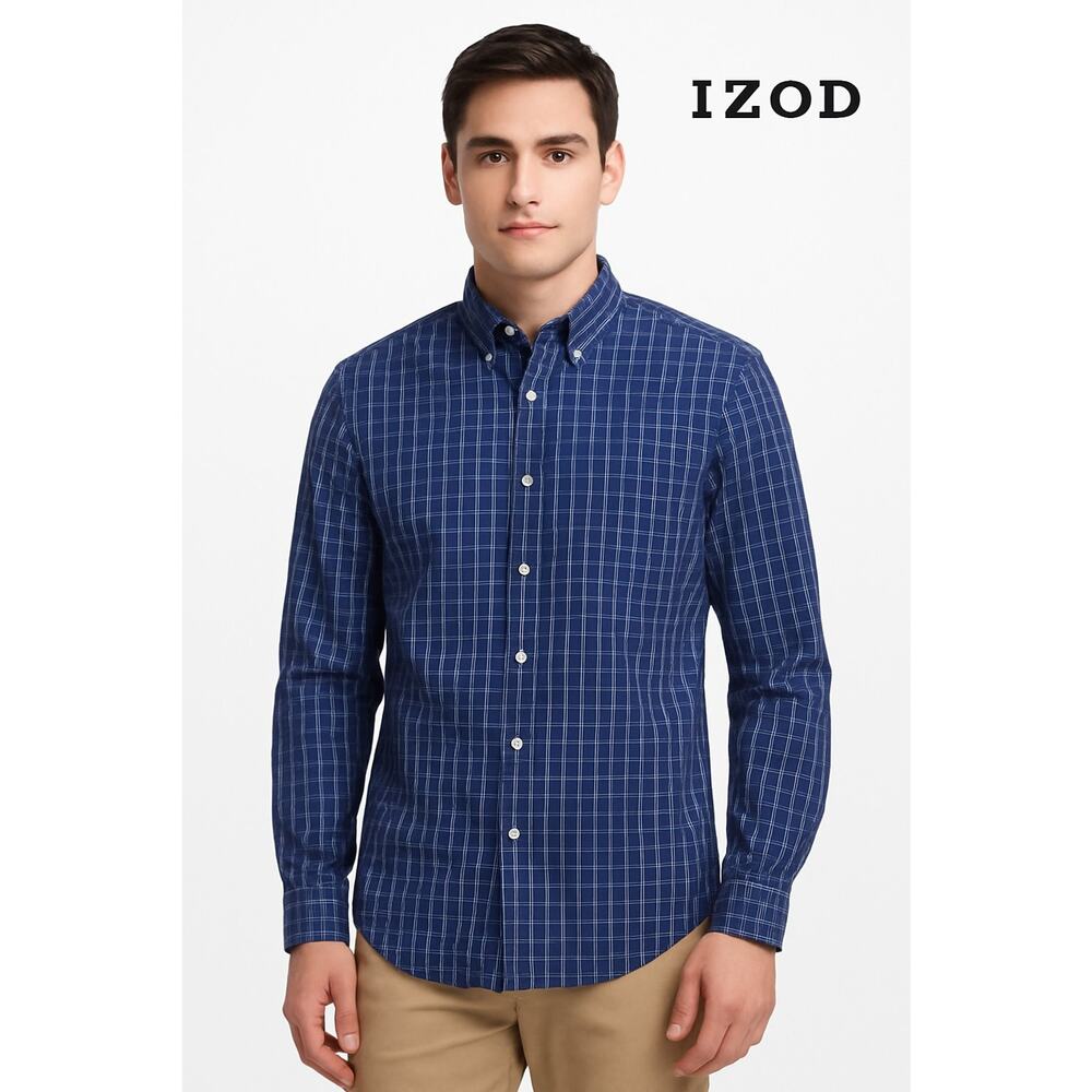 Izod Men's Shirt Button Down Plaid Long Sleeve Blue Size Medium
